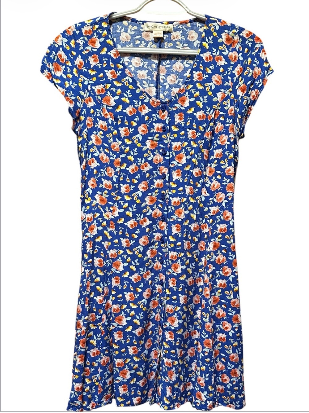 Band of Gypsies Blue Floral V-Neck Cap-Sleeve Dress